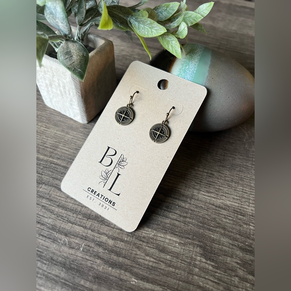 Bronze Compass Dangle Earrings